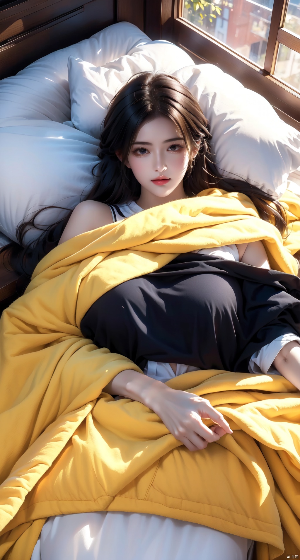 1girl, laying on bed, wearing a blanket, yellow blanket, yellow furry blanket, yellow fluffy blanket, laying on bed, lower body covered by blanket, above view, looking at the view, background indoor bedroom, lora:more_details:0.5
