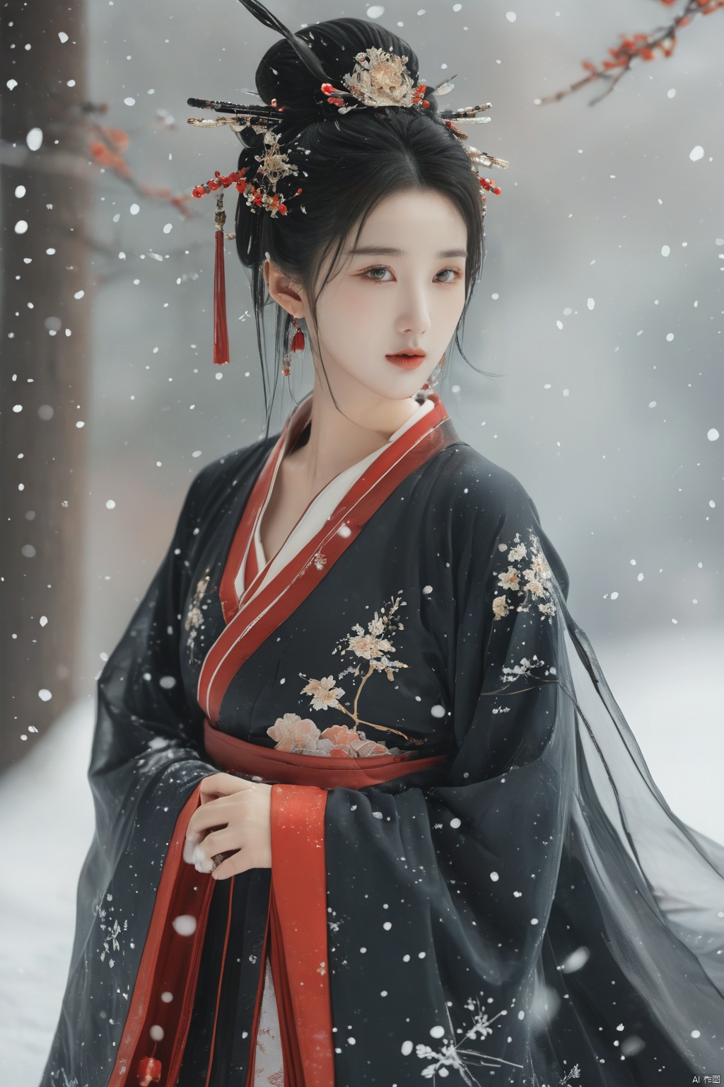  arien_hanfu,1girl,(Masterpiece:1.2), best quality, arien_hanfu,1girl, (falling_snow:1.3), looking_at_viewer,(big breasts:1.88), (plump breasts:1.7),(Tube top Hanfu:1.2),hand101,full body, 1girl
In this masterpiece artwork of the highest quality (Masterpiece version 1.2), an Arien woman dressed in a modernized hanfu style featuring a tube top design (Tube top Hanfu: 1.2) is depicted (arien_hanfu, 1girl). Against a backdrop of falling snowflakes (falling_snow: 1.3), she gazes directly at the viewer (looking_at_viewer), creating a distinct and profound sense of engagement.

The female figure in the painting possesses generously proportioned attributes, characterized by larger-than-average breasts (big breasts: 1.88) and plumpness (plump breasts: 1.7), which harmoniously complement her form-fitting upper garment in traditional Chinese attire.

The composition presents a full-body portrait (full body), with intricate attention given to the detail of the woman's hands identified as hand101,