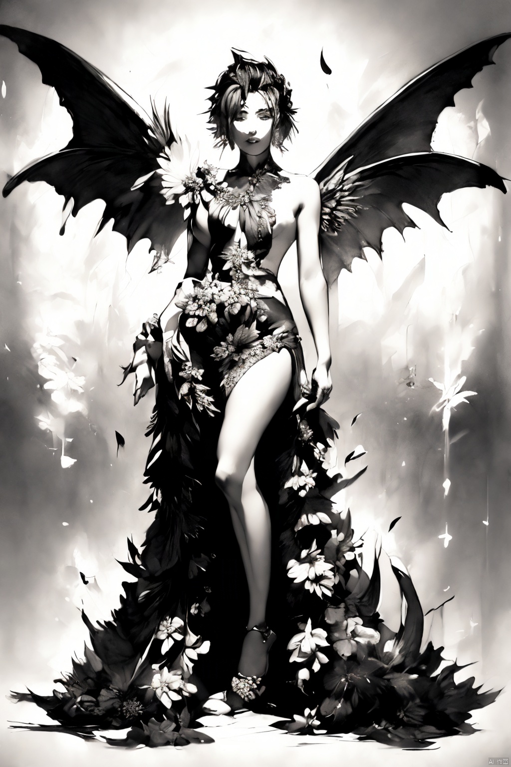  Numerous Flowers Fashion, 1 Dragon, Girl Body, With A Pair Of Suzaku Phoenix Big Wings On Shoulder, Sparkling, Solo, Dress, Black Hair, Flower, Aqua Dress, Blue Dress, Looking At The Viewer, Floral Background, Sleeveless, Reality, Parted Lips