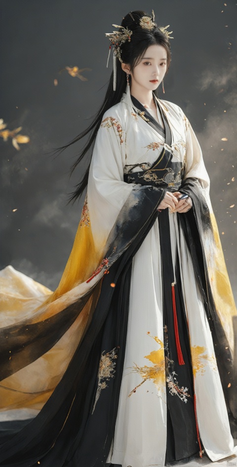  masterpiece, best quality, ,solo, long sleeves, chinese clothes, white background, traditional media,hanfu,weapon, long hair, 1boy , 1girl, white hair, yellow eyes, gloves, black gloves, halo, standing, closed eyes, armor, full body, very long hair, closed mouth, white coat, breasts, looking at viewer, coat, wide sleeves, dress, long sleeves ,, watercolor