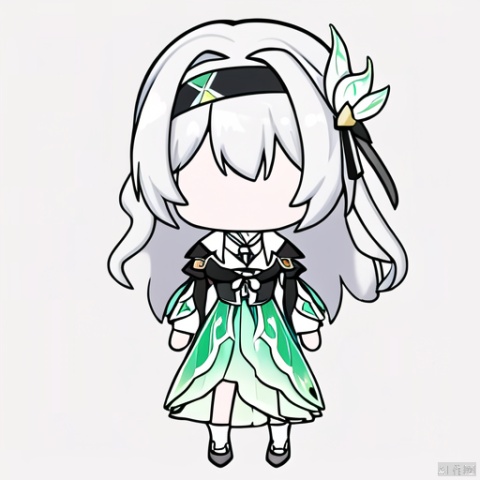  under-covers,blanket,1girl, solo, chibi, liuying, 1girl, black jacket, white shirt, green skirt, silver hair, white hair