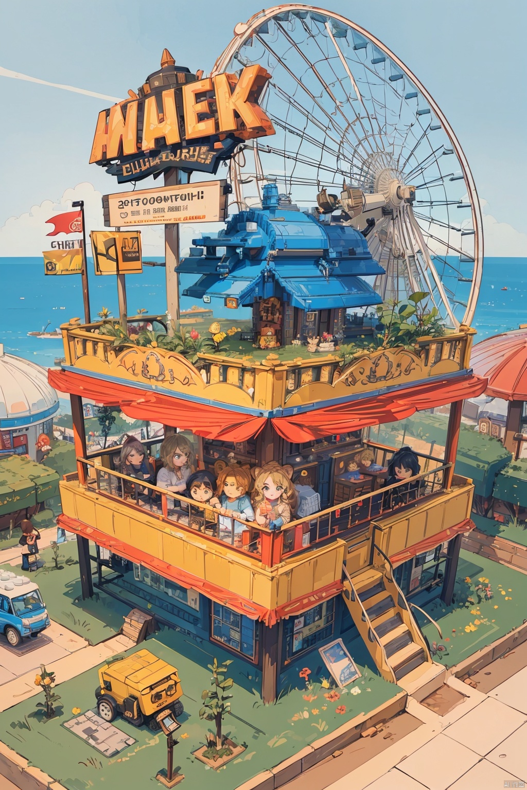 (Isometric Perspective:1.5),(Pixar Style:1.2),Amusement Park,Ferris Wheel,Circus,monkey,lion,tiger,flag,multimorph model game asset,pixel art,minecraft,LEGO style,tilt displacement,IP,blender,OC render,best quality,4k,super detail