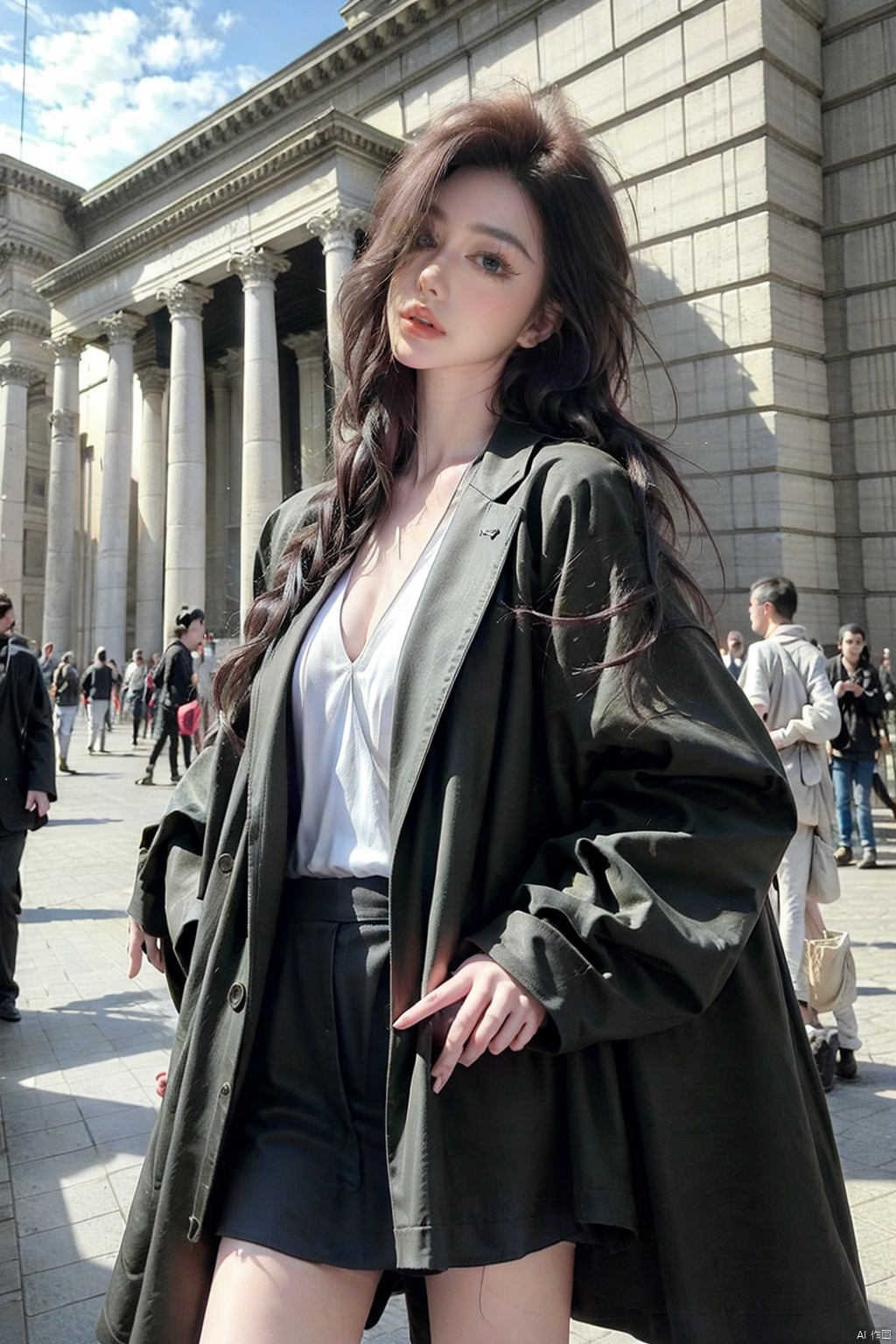  masterpiece, best quality,1girl,solo focus,standing in front of a building, black long hair, wearing a necklace, delicate face, beautiful eye, long coat,blue short skirt,snap-fit buckle,close-up,hand in pocket, dofas