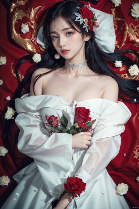  1girl, solo, red flower, flower, blue eyes, long hair, holding flower, holding, rose, dress, petals, hair ornament, red rose, lying, long sleeves, white hair, on back, white dress, looking at viewer, choker, parted lips, bare shoulders, blush, bangs, off shoulder, black choker, hair flower, off-shoulder dress, very long hair, collarbone, puffy long sleeves, puffy sleeves, rose petals, hair between eyes,eyesseye, dofas, crystal, yunbin, qianjin, christmas，Hacker,female,computer,high resolution,high quality,cyberpunk style clothes