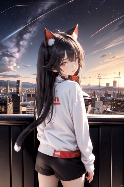  1girl, solo, animal ears, miqo'te, long hair, tail, sweater, cat ears, shorts, cat tail, looking at viewer, white sweater, red eyes, facial mark,petite,loli, tuyagirl，1girl,Beautiful,standing,looking at viewer,(black police uniform:1.5),at night,city background
