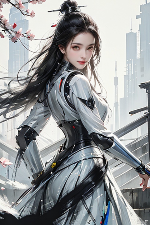  masterpiece, best quality, 1girl, yellow eyes, Beautiful face, delicate eyes, smile, long hair, white hair, tree, stairs, standing, sky, cherry blossoms, temple, looking at viewer, upper body, from below, looking back, ((Mecha)), young girl, Cyberpunk, CyberMechaGirl