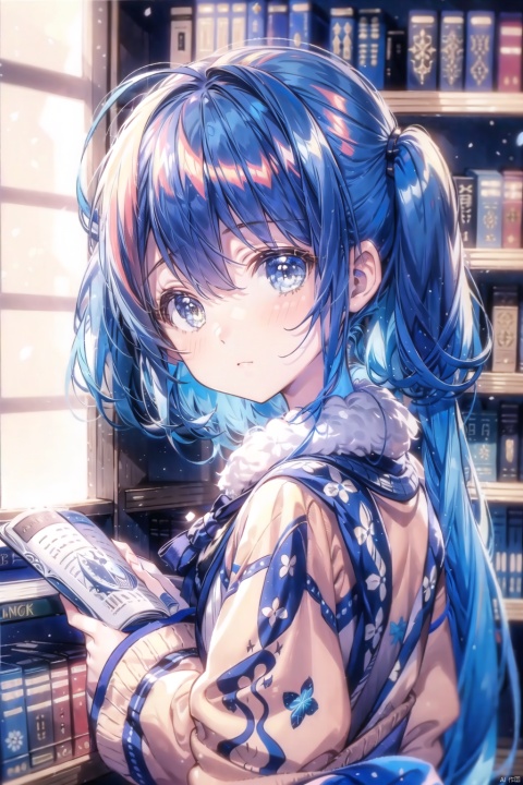 1girl, portrait, standing, swept bangs, long hair, twintails, blue hair, sweater, fluffy, indoors, bookshelf, book, scroll, blurry background, shaftheadtilt, (head tilt), looking back