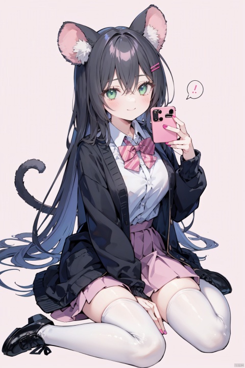  1girl, solo, holding, phone, bow, holding_phone, shirt, skirt, animal_ears, thighhighs, black_hair, long_hair, shoes, cellphone, white_thighhighs, green_eyes, pink_background, pink_skirt, smile, pink_bow, white_shirt, hair_ornament, pleated_skirt, closed_mouth, long_sleeves, bangs, collared_shirt, mouse_ears, pink_nails, wariza, hair_between_eyes, very_long_hair, black_footwear, nail_polish, cardigan, hairclip, sitting, breasts, blush, looking_at_viewer, smartphone, bowtie, full_body, medium_breasts, red_bow, school_uniform, simple_background, blue_cardigan, pink_bowtie, fingernails, zettai_ryouiki, dress_shirt, year_of_the_rat