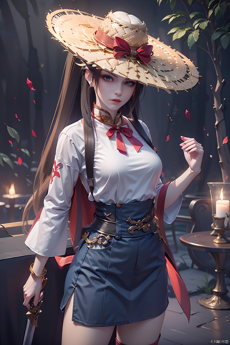  1girl,black hair,capelet,day,Bamboo hat,lips,Men's clothing,Touch the bamboo hat with the other hand,Black Hat,Sword hanging on the waist,Hanfu,looking at viewer,outdoors,Scabbard,sheathed,solo,standing，A long shirt with a red and navy fine check pattern, a white T-shirt, a very long light blue denim skirt, white sneakers, more_details:-1, more_details:0, more_details:0.5, more_details:1, more_details:1.5, akatsuki minami, blue eyes, brown hair, ponytail, hair bow, sidelocks, black bow