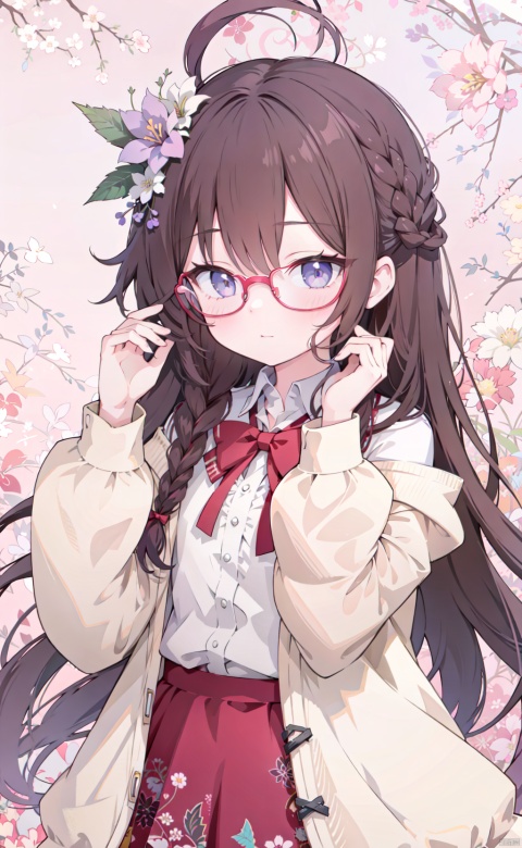  1girl,solo,braid,long hair,brown hair,hair ornament,purple eyes,shirt,ahoge,school uniform,cardigan,floral background,very long hair,pink cardigan,looking at viewer,flower,hairclip,ribbon,sleeves past wrists,off shoulder,plaid,neck ribbon,bangs,red ribbon,plaid skirt,closed mouth,collared shirt,adjusting eyewear,