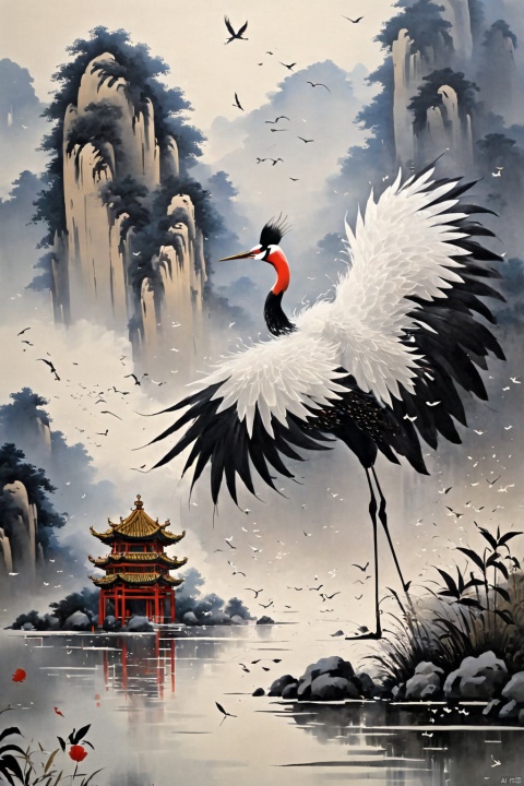  Wu Guanzhong paints a picture, the painting depicts a crane, dancing in the bamboo thickets, full compliance with the style of Wu Guanzhong, combining traditional Chinese ink painting techniques with Western painting concepts, unique visual effects using color and lines, (best quality, perfect masterpiece, byyue, Representative work, official art, Professional, high details, Ultra intricate detailed:1.3)
