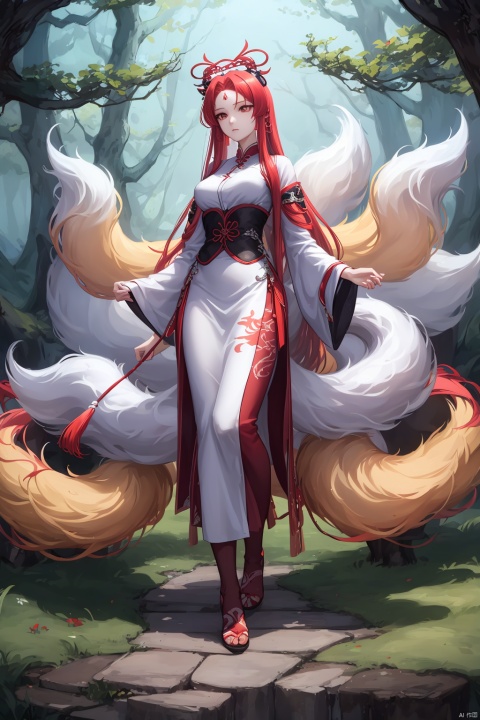  shanhaijing,a Nine-tailed fox,(9 tails:1.3),White fur,In the strange woods, the branches twist strangely,full body,3/4 profile image,wide-angle lens,panoramic view