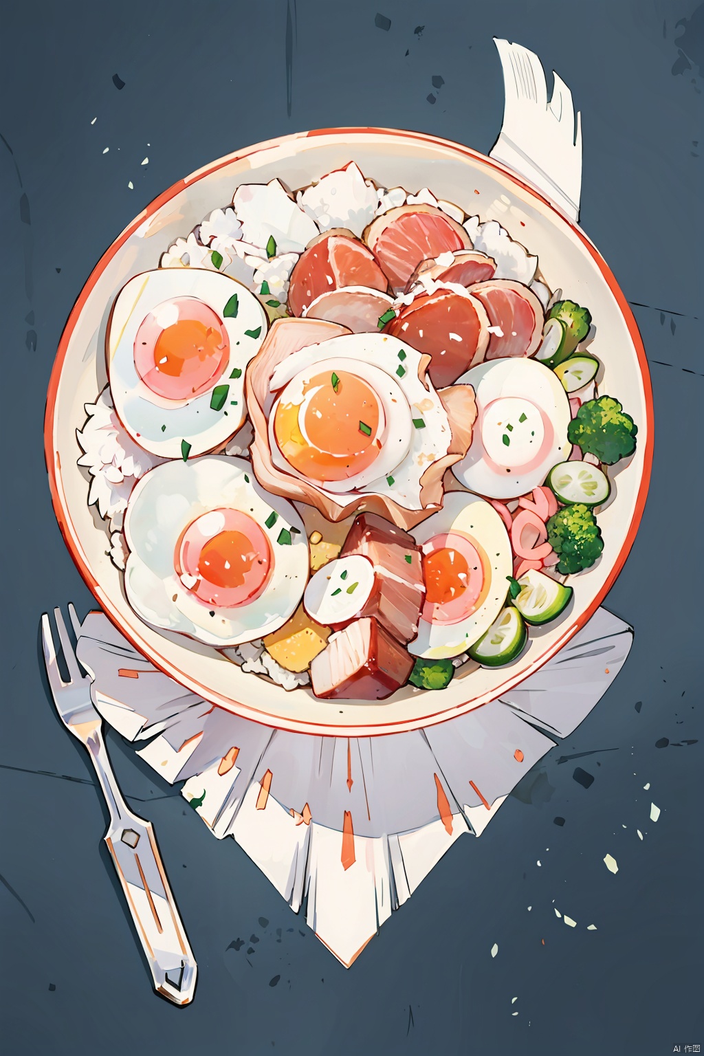 animation,animation,high quality,high resolution,rice bowl,fried egg,braised pork,diced radish,beans,rice,broccoli