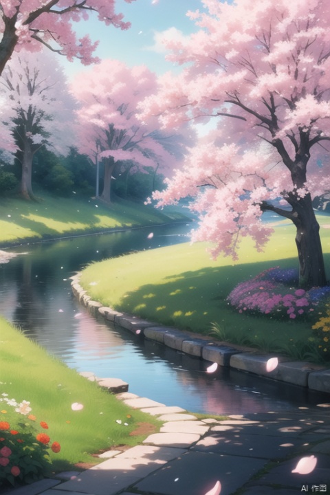 original,(illustration:1.1),(best quality),(masterpiece:1.1),(extremely detailed CG unity 8k wallpaper),(colorful:1.2),sakura tree,sakura petals,landscape,river,road