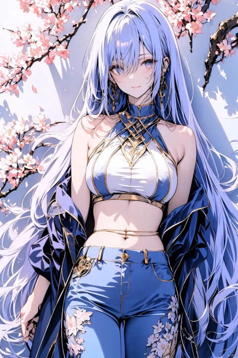 beautiful_long_green_hair, beautiful_purple_eyes, 1_beautiful_girl, cute_face, perfect_quality, perfect_anatomy, masterpiece, one-shoulder top, Skinny jeans, brown_boots, lora:more_details:0.5, cherry blossoms, beautiful