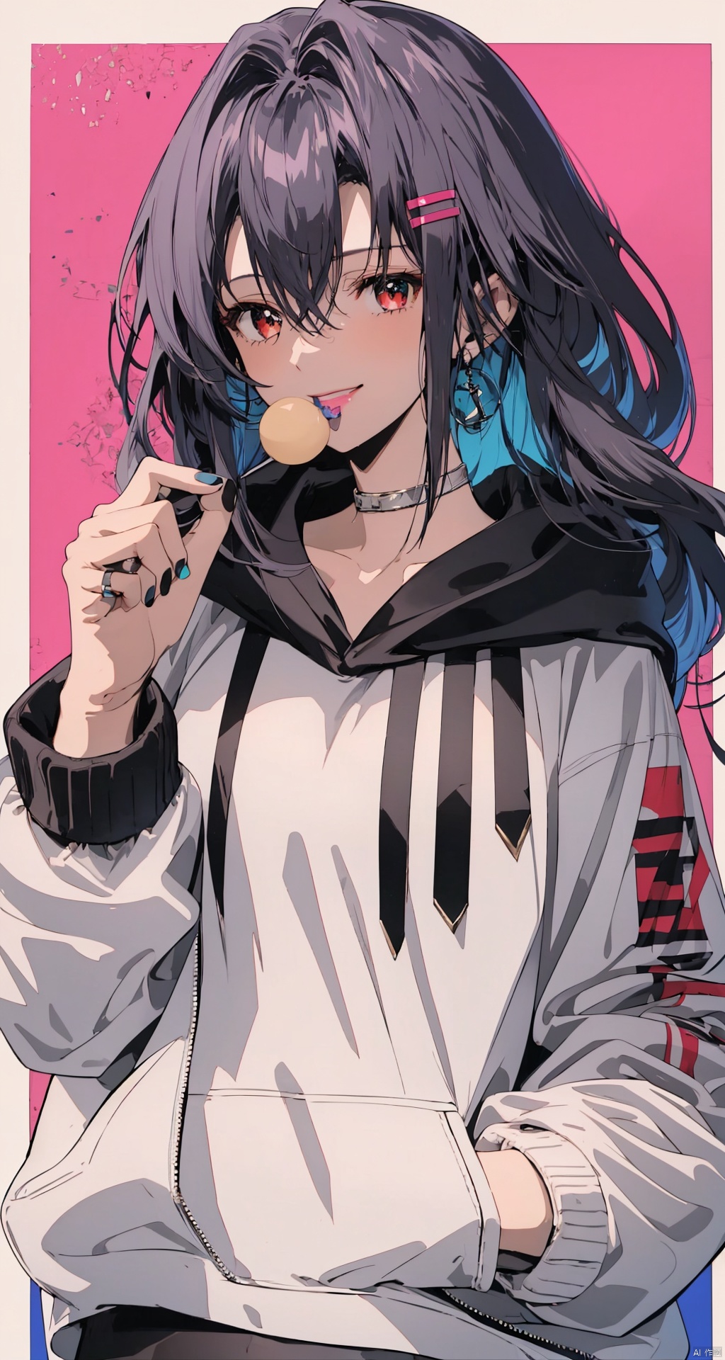  1girl, solo, best quality, yellow background, upper body, looking at viewer, holding, smile, mouth hold, food in mouth, teeth, red eyes, long hair, purple hair, multicolored hair, bangs, hairclip, white shirt, hooded jacket, open jacket, hoodie, hood up, long sleeves, sleeves past wrists, sailor collar, orange nails, nail polish, yellow nails, blue nails, multicolored nails, purple nails, green nails, black nails, pink nails, aqua nails, long fingernails, lollipop, arm up, cellphone, double v