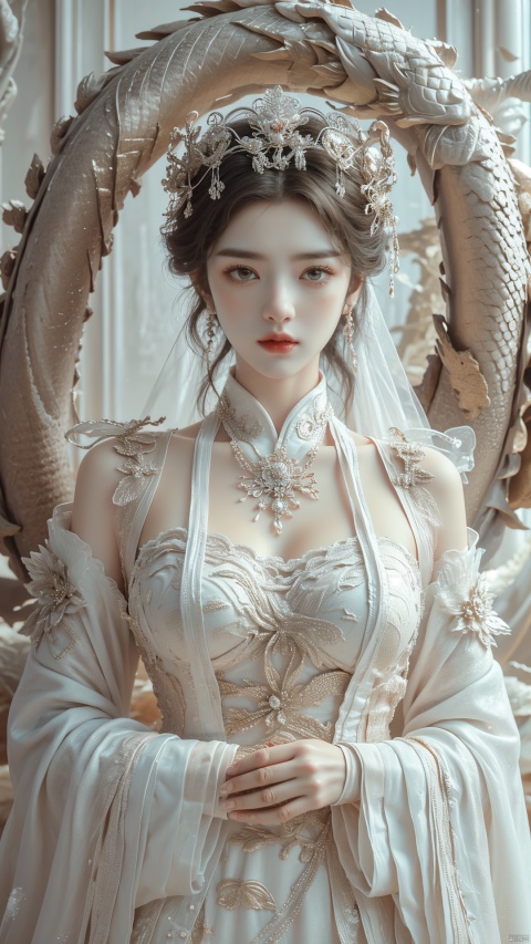  (beautiful, best quality, high quality, masterpiece:1.3) ,
(upper_body:1.2),solo, solo focus,
huge breasts,Oval face, Water snake waist, big tits,big eye,
pink wedding dress, veil, wedding gloves, holding flowers,Crystal Earring, Crystal Necklace,
(no background),18yo girl, 1girl, drakan_longdress_crown, mjiaotang
