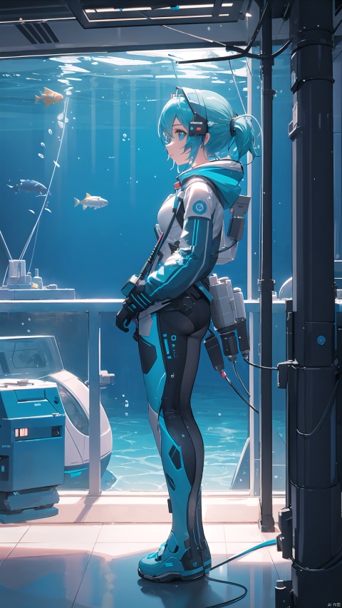fish,underwater,1girl,(far shot),masterpiece,best quality,aqua theme,(solo),look sideways,dim light,cables and tubes,large window,(blue astronaut suit),(science_fiction),spaceship cockpit,universe,neon lights,cyberpunk,far shot,side view,aquatic,far shot,visor,sea at one side and space at the other side