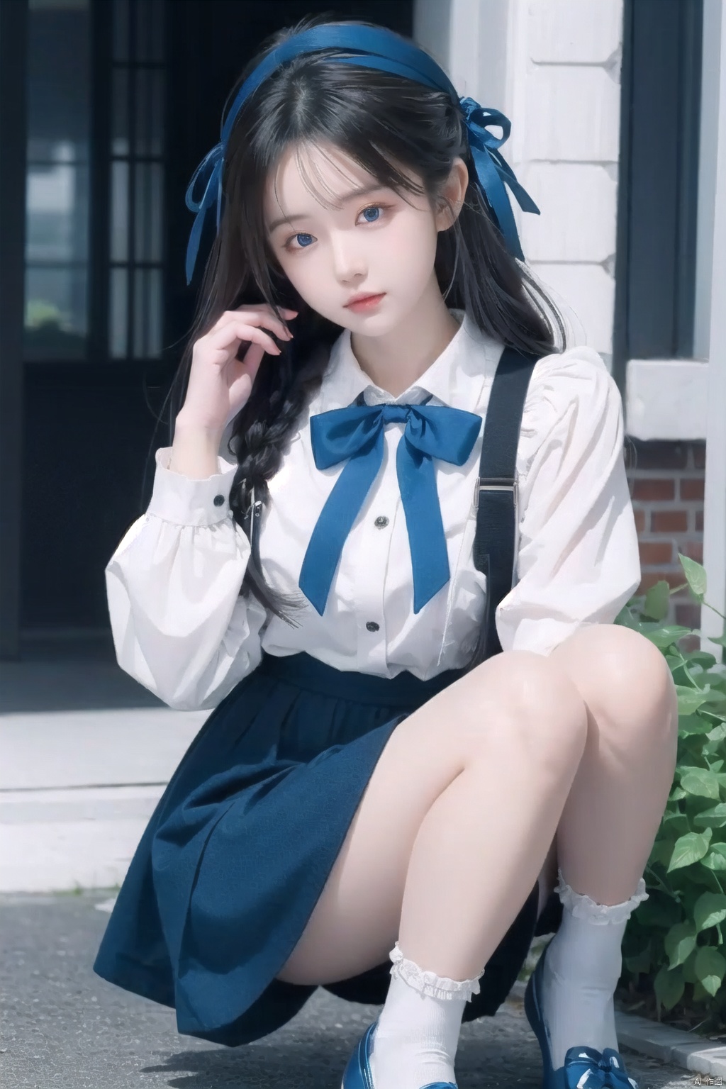 masterpiece, best quality, best quality,Amazing,beautiful detailed eyes,1girl, solo,finely detail,Depth of field,extremely detailed CG unity 8k wallpaper, solo focus,{{{kafuu_chino}}}, blue_bow, blue_eyes, blue_footwear, blue_neckwear, blush, bow, hair_ornament, hairclip, long_hair, long_skirt, long_sleeves, rabbit_house_uniform, shirt, shoes, skirt, white_legwear, x_hair_ornament, {loli}.,