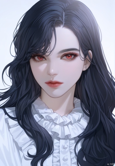  (best quality), ((masterpiece)), (highres), illustration, original, extremely detailed,solo, black hair, long hair, red eyes, looking at viewer, portrait, white background, closed mouth, shirt, simple background, white shirt, lips, 1girl, frills