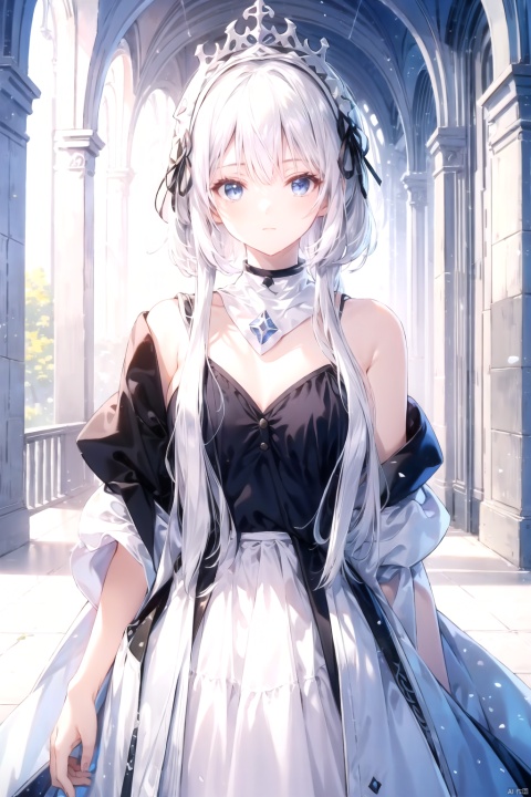 White-haired princess in a light blue dress,woman with light blue eyes,white skin,elegant,royalty,holy,beautiful,young