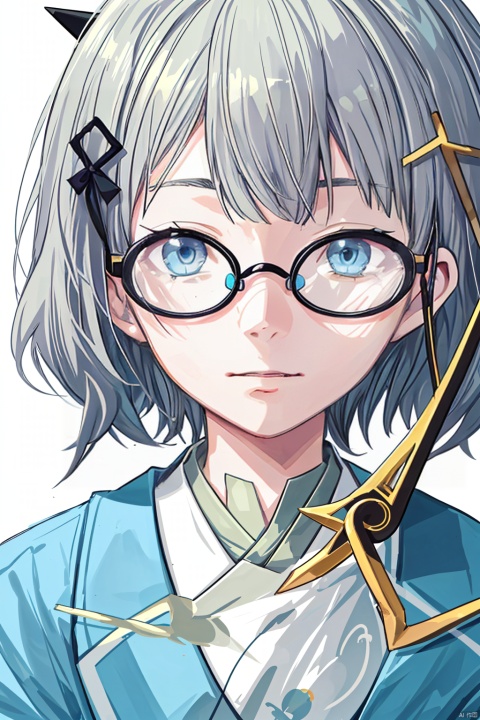 strange face, close-up of the face, details, CHIHIRO(BLUE ARCHIVE), HAIRPIN, GLASSES