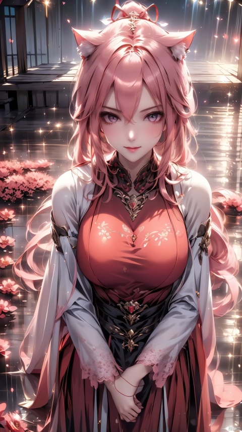 1girl, solo, peasant girl, cat ear, cattail, long sleeve, capelet, ribbon, pink hair, (frills:1.1), lace, Amber eyes, cute, kawaii, looking at viewer, standing, illustration, shy, smile, holding a heart shape box, Arms in front, magic fantasy style, from above, (pink tone:1.1), (red tone:1.1), (light red theme:1.1), outdoor, Flower field, detailed landscapes, lens flare, halation, Deep depth of field, (intricate:1.3),