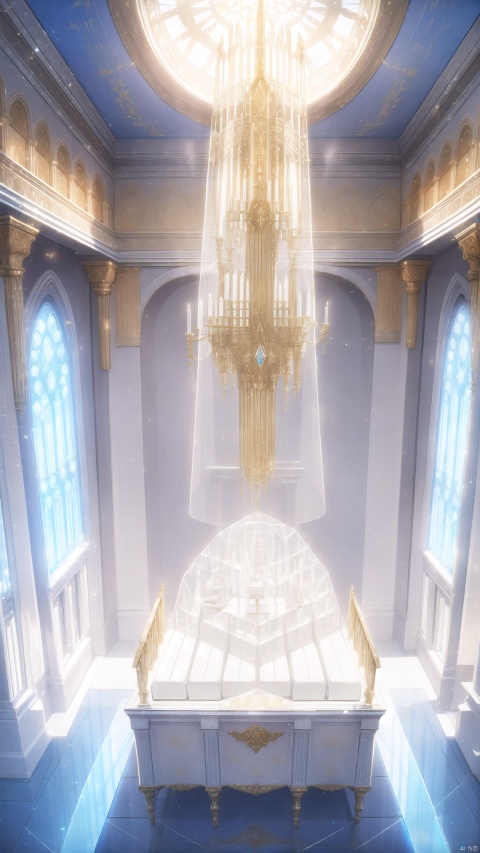  Wide shot aerial photo of a Crystal made perfect hologram body pipe organ,white and gold translucent theme, modern luxury translucent body, In luxury baroque style room