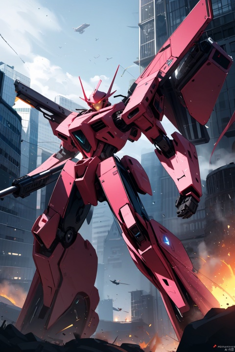 sky,cloud,holding weapon,no humans,glowing,robot,building,glowing eyes,mecha,science fiction,city,realistic,light pink mecha