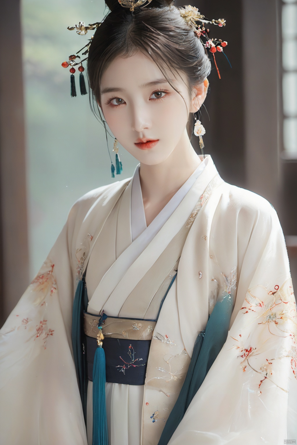  1.3, Masterpiece, Highest Quality, High Resolution, Details: 1.2, 1 Girl, Bun, Hairpin, Beautiful Face, Delicate Eyes, Tassel Earrings, Necklaces, Bracelets, Hanfu, Su Embroidered Hanfu, Streamers, Ribbons, Elegant Stand Posture, Aesthetics, Movie Lighting, Ray Tracing, Depth of Field, Layering,Fluttering, Hanfu, qingsha
Negative Prompt：ugly, tiling, poorly drawn hands, poorly drawn feet, poorly drawn face, out of frame, extra limbs, disfigured, deformed, body out of frame, bad anatomy, watermark, signature, cut off, low contrast, underexposed, overexposed, bad art, beginner, *******, distorted face