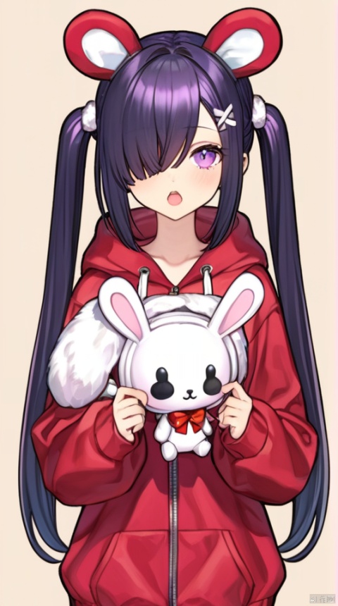  1girl, ame-chan_(needy_girl_overdose), animal_hood, animated, awayuki_(awyk_1), black_hair, bow, brown_background, character_doll, chibi, commentary_request, doll, hair_ornament, hair_over_one_eye, holding, holding_doll, hood, hood_up, hoodie, long_hair, looking_at_viewer, needy_girl_overdose, official_alternate_costume, open_mouth, outline, pill, purple_eyes, purple_hair, rabbit_hood, red_hoodie, solo, twintails, upper_body, video, white_bow, white_outline, x_hair_ornament, autoappealing, autoappealingdb, best quality, masterpiece, nai3