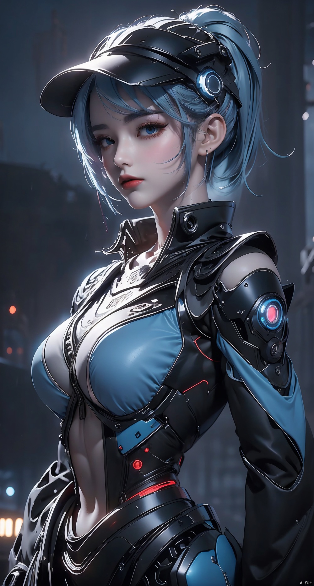1girl,lady with cybernetic parts,glowing visor,short light blue hair,techwear,oversized black jacket,skyscraper outdoors,neon rim light,night,rain,volumetric lighting,realistic,cowboy shot