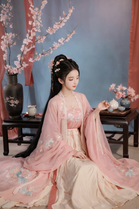  1girl, solo, long hair, black hair,Hairpins,necklace, hair ornament, long dress, full body, flower, earrings, indoors, hair bun, pink dress,(Tube top Hanfu long skirt:1.1), pillow, bed, night, chinese clothes, table, branch,daxiushan, ,daxiushan style,(huge breasts:1.6), (full breasts), realistic,hanfu, daxiushan,Shoulders are exposed, , daxiushan, arien_hanfu