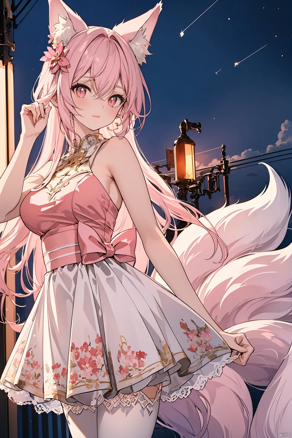  dynamic angle, wide shot, ((Pink light:1.2)), mature female, light pink hair, red crimson eyes, fox ears, red fox tails, ((night:1.2)), cowboy shot, ((red and pink atmosphere:1.0)), glowing fox tails, ((9 tails:1.2)), red body glow, beautiful face, masterpiece, best quality, extremely detailed cg unity 8k wallpaper, high-quality, ultra-detailed, depth of field, illustration, beautiful detailed wallpaper, accurate anatomy to hands and fingers, mksks, Art Style 2.0, starrystarscloudcolorful, lora:more_details:0.5