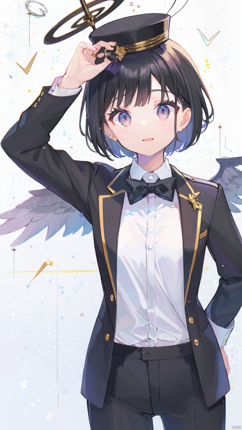 black_top_hat, black_tuxedo, bow_tie, black_slacks, white_shirts_oficial, hold_cane, <lora，more_details0.5>, black_hair, red_eyes, red_halo, 2_black_wings, beautiful_hair, beautiful_eyes, 1_beautiful_girl, cute_face, beautiful_face, beautiful, best_quality, good_anatomy