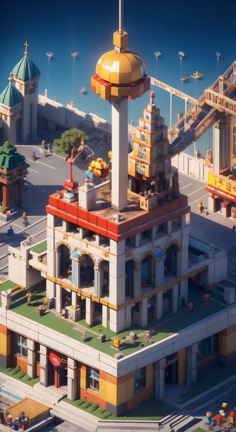 (Isometric Perspective:1.5),(Pixar Style:1.2),Amusement Park,Ferris Wheel,Circus,monkey,lion,tiger,flag,multimorph model game asset,pixel art,minecraft,LEGO style,tilt displacement,IP,blender,OC render,best quality,4k,super detail