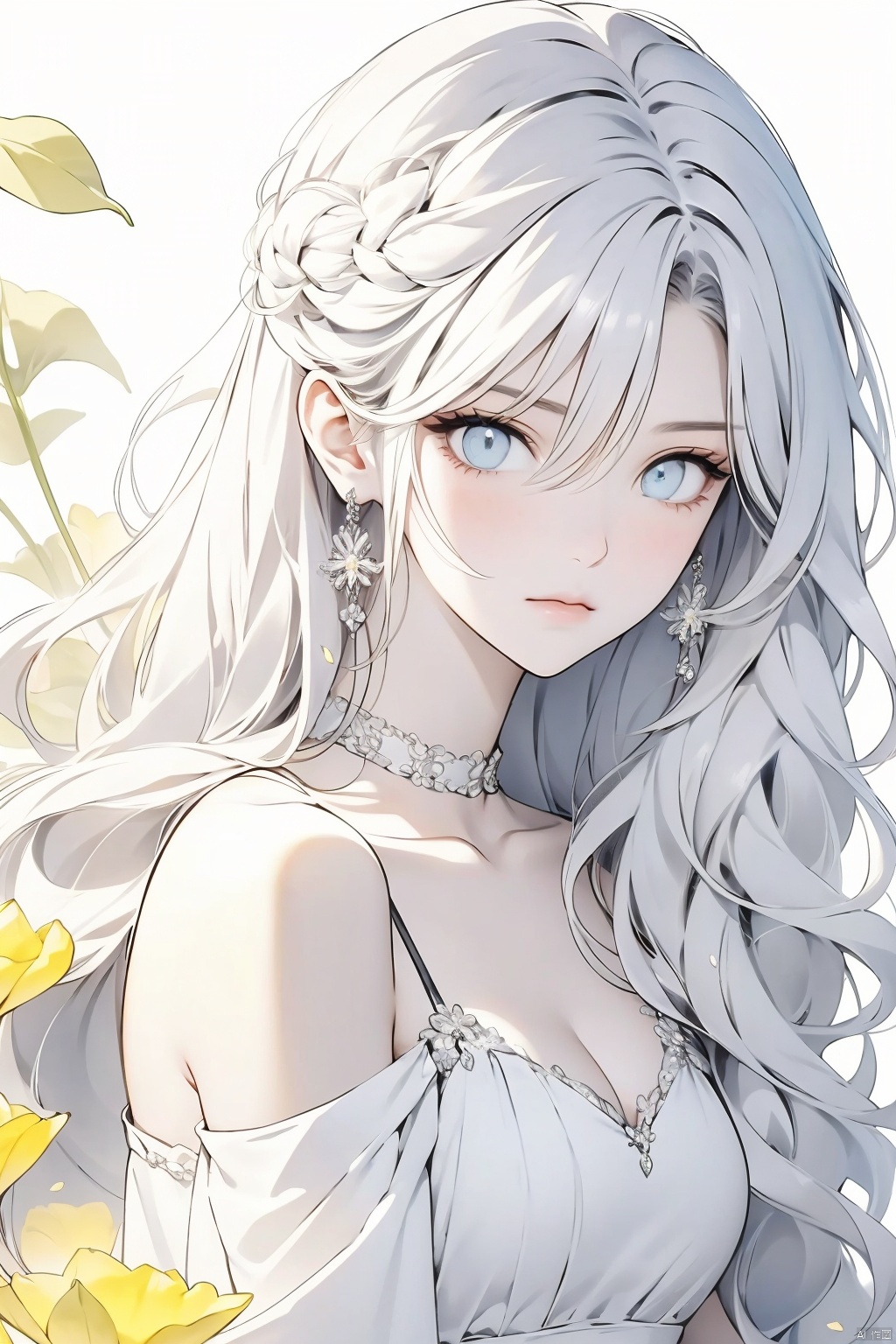  1girl, blue eyes, white long translucent night gown, expressionless, (white hair), hair cover one eye, long hair, blue hair flower, kneeling on lake, blood, (plenty of yellow petals:1.35), (white background:1.5), (English text), greyscale, monochrome,greyscale,monochrome,sketch,1 woman.blunt bangscut braid hair.(photorealstic  face).(ultradetailed:1.4).16K.bustshot.black and white  sequins front open off shoulder.redeyeliner.blackeyeshadow.bestquality.musterpiece.red neckbelt.