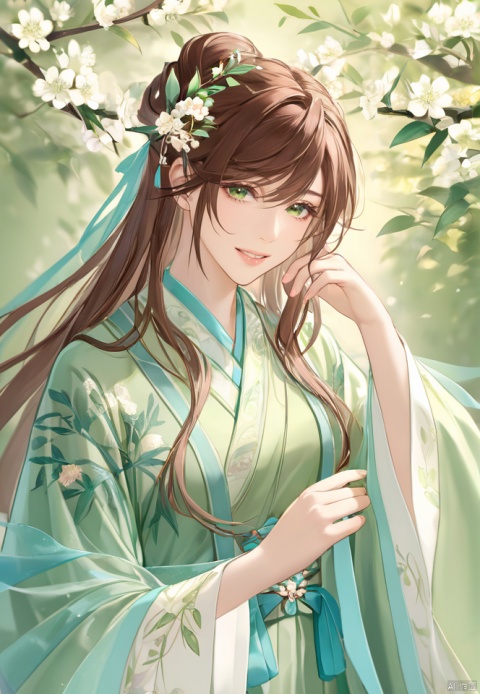  (best quality), ((masterpiece)), (highres), illustration, original, extremely detailed,yuan1girl, branch, long hair, solo, green dress, flower, brown hair, dress, hair ornament, chinese clothes, upper body, teeth, long sleeves, green background, looking at viewer