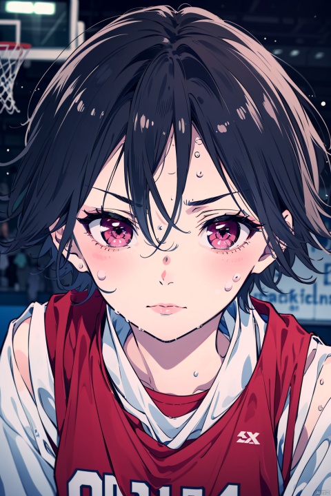 1girl, solo, short hair, dark blue hair, very short hair, hair between eyes, basketball uniform, pink eyes, closed mouth sweaty, sweating, ((basketball court background, blurry background, face focus, close-up))