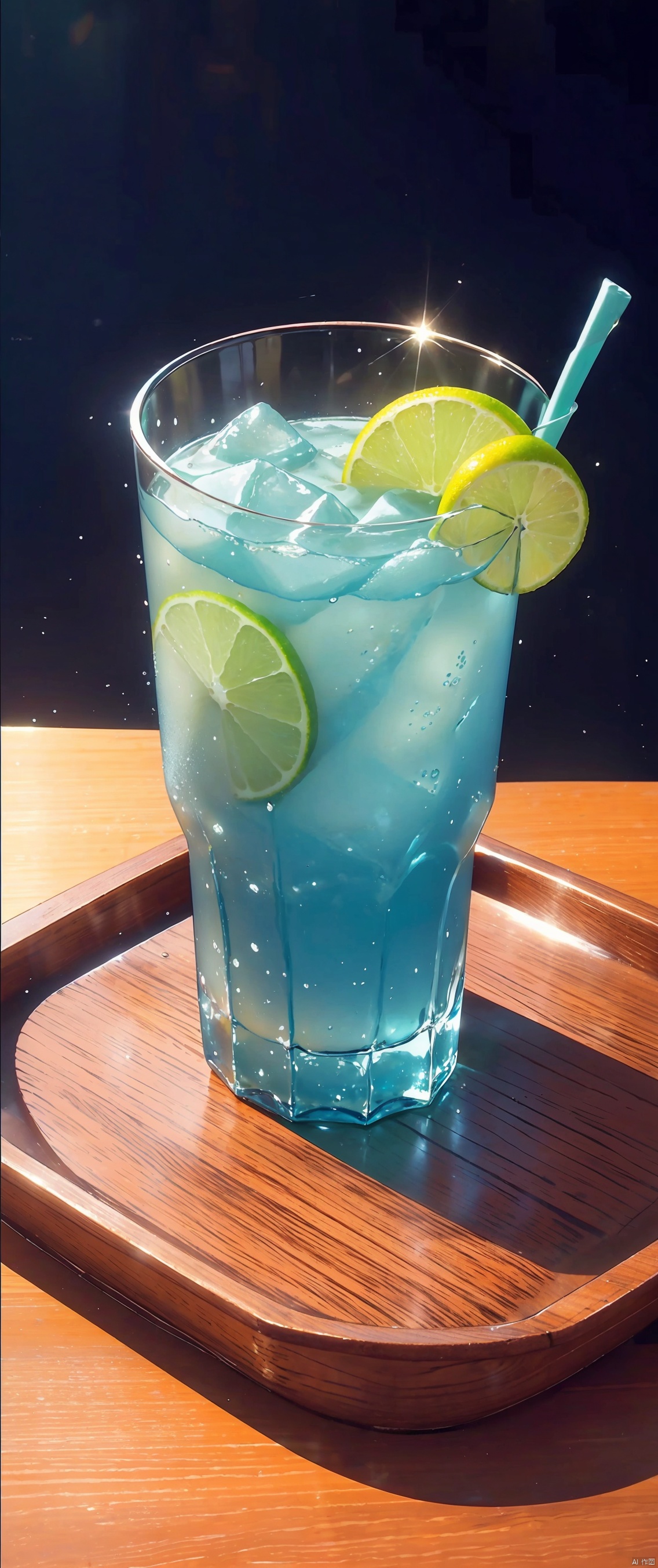 In summer,a cool iced drink,glass,good-looking glass,perfect glass,sparkling water,blue to green gradient,mint,lemon,placed on a wooden tray with a few pieces of watermelon next to it