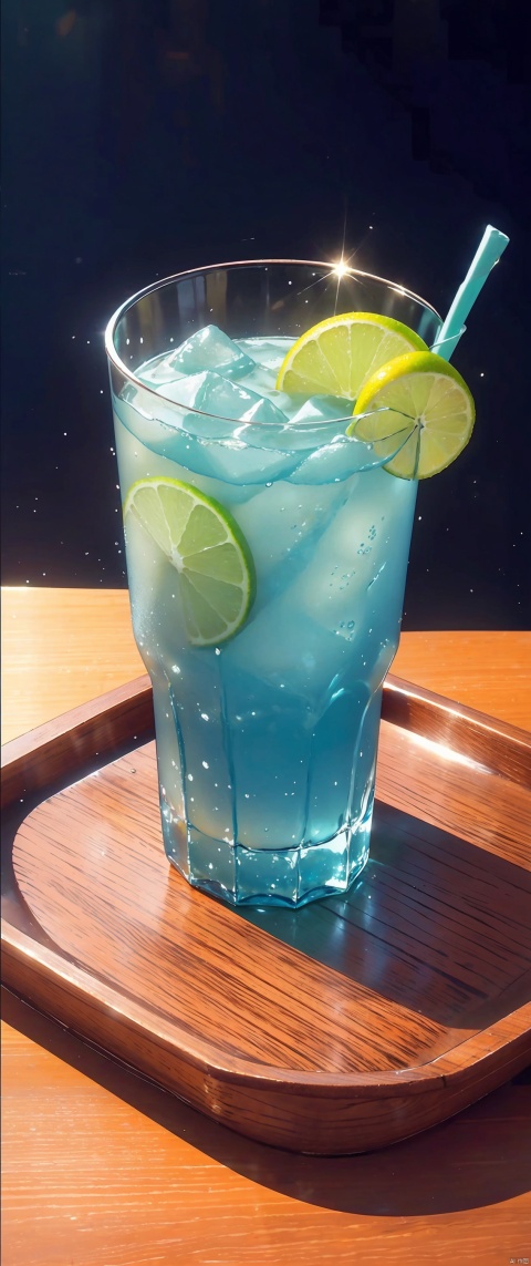 In summer,a cool iced drink,glass,good-looking glass,perfect glass,sparkling water,blue to green gradient,mint,lemon,placed on a wooden tray with a few pieces of watermelon next to it