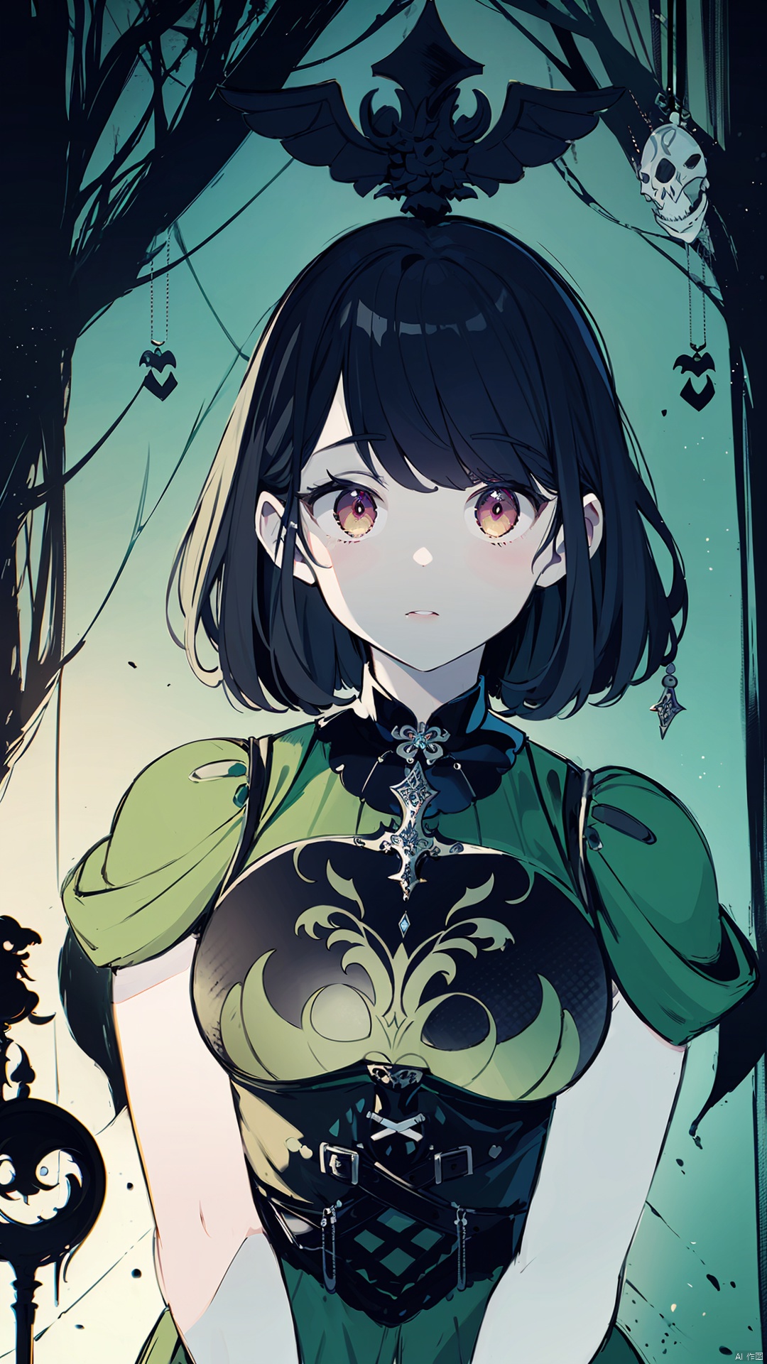 (style of rebecca guay:1.4), masterpiece, best quality, ultra high res, beautiful, incredible details, intricate, (dark theme, horror, gothic:1.2), 1girl, black hair, red eyes