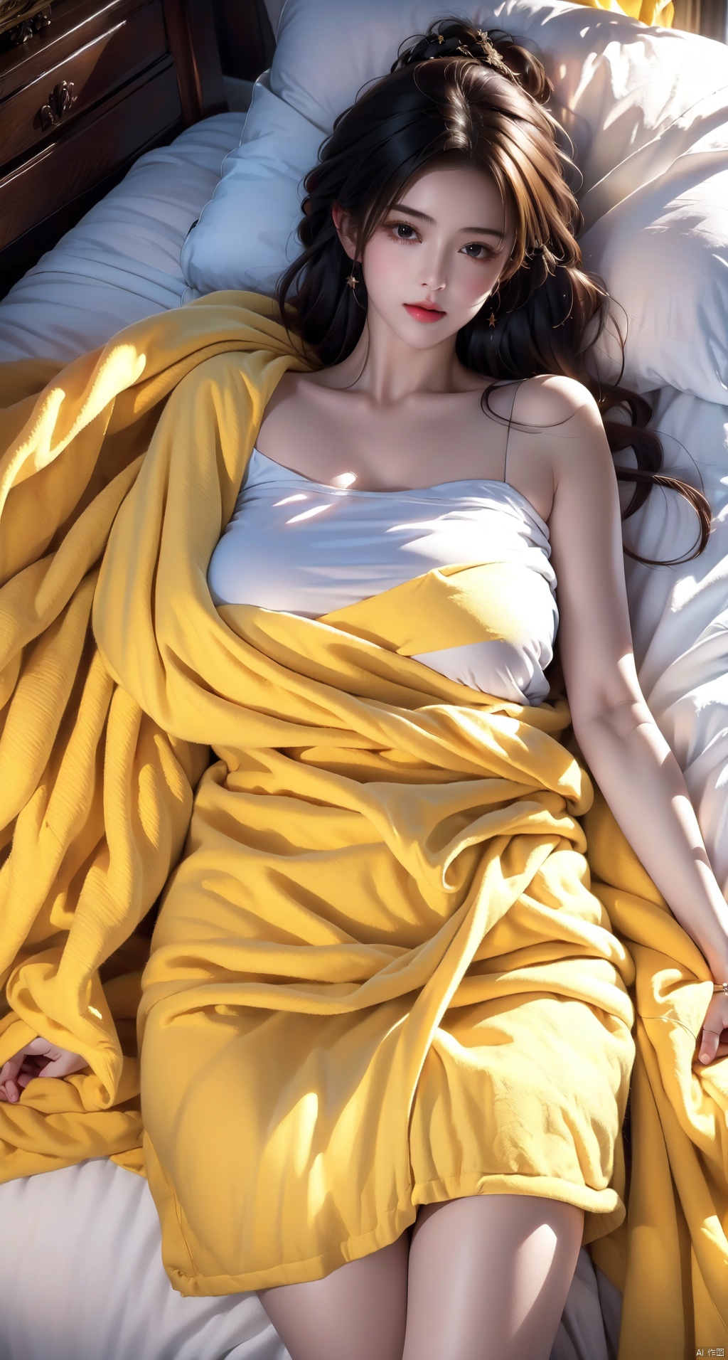 1girl, laying on bed, wearing a blanket, yellow blanket, yellow furry blanket, yellow fluffy blanket, laying on bed, lower body covered by blanket, above view, looking at the view, background indoor bedroom, lora:more_details:0.5