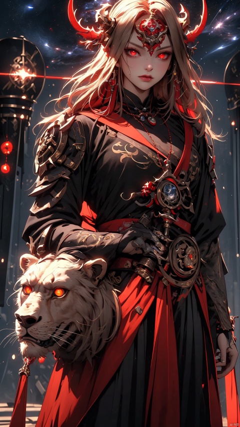masterpiece,best quality,extremely high detailed,intricate,8k,HDR,wallpaper,cinematic lighting,(universe:1.4),dark armor,glowing eyes,anthropomorphic lion mecha,holding a sword,red jewel on sword