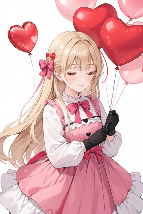  (masterpiece),(best quality),1girl, artist_name, balloon, bangs, blonde_hair, blush, bow, closed_mouth, dress, eyebrows_visible_through_hair, frills, gloves, heart, heart_balloon, heart_pillow, holding, long_hair, looking_at_viewer, one_eye_closed, pink_bow, simple_background, smile, solo, very_long_hair, white_background