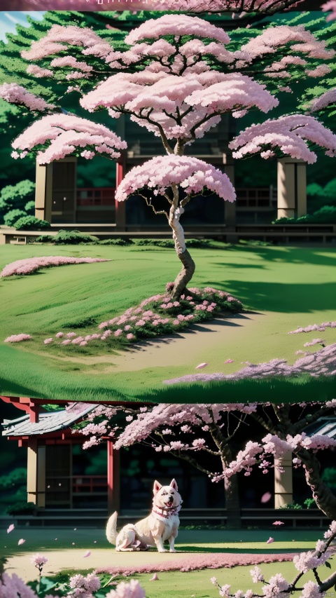 (Okami dog:1.2), front of a mega cherryblossom tree, mega structure, amazing bloomed tree, flower petal wind, insanely detailed
