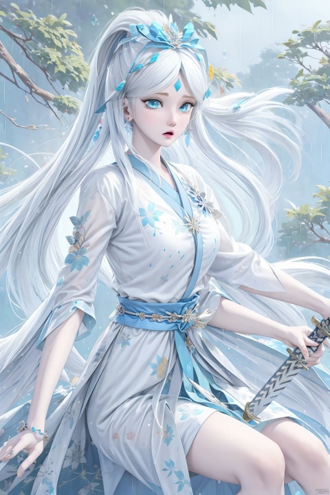  1girl, night, outdoors,suit skirt,white hair,printed cloth,hand-held samurai knife,sword print,knight-errant,hanfu,White Clothes,tassel,long hair,hair bow,Firm eyes,waterfall,blue eyes,scratches,katana,ponytail,trees, rain, raindrops, Girl, glasses, dumbfounded expression, sitting, knee, ultra_detailed, (hyper_deformed:1.5), anime style
