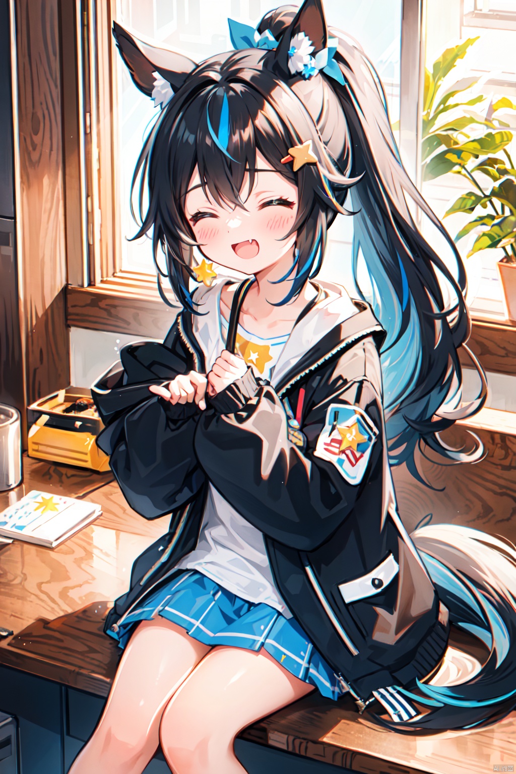 4girls, :d, ^_^, animal_ears, black_hair, black_jacket, black_shirt, blue_hair, blush_stickers, brown_hair, chibi, closed_eyes, cloth, daitaku_helios_(umamusume), duster, fang, gomashio_(goma_feet), green_shirt, hair_ornament, hairclip, holding, horse_ears, horse_girl, horse_tail, indoors, jacket, katsuragi_ace_(umamusume), mejiro_palmer_(umamusume), multicolored_hair, multiple_girls, open_clothes, open_jacket, ponytail, rag, raglan_sleeves, shirt, side_ponytail, smile, star_(symbol), star_hair_ornament, streaked_hair, table, tail, tap_dance_city_(umamusume), translation_request, umamusume, v-shaped_eyebrows, white_hair, autoappealing, autoappealingdb, best quality, masterpiece, nai3