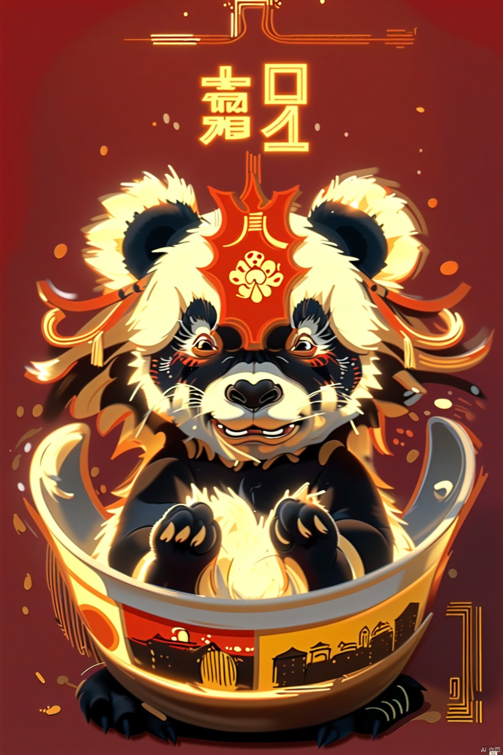 cartoon panda with a lot of food on a red background, mapo tofu cartoon, red panda on a propaganda poster, panda panda panda, inspired by Luo Ping, a beautiful artwork illustration, hand painted cartoon art style,inspired by Luo Mu, chinese new year in shanghai