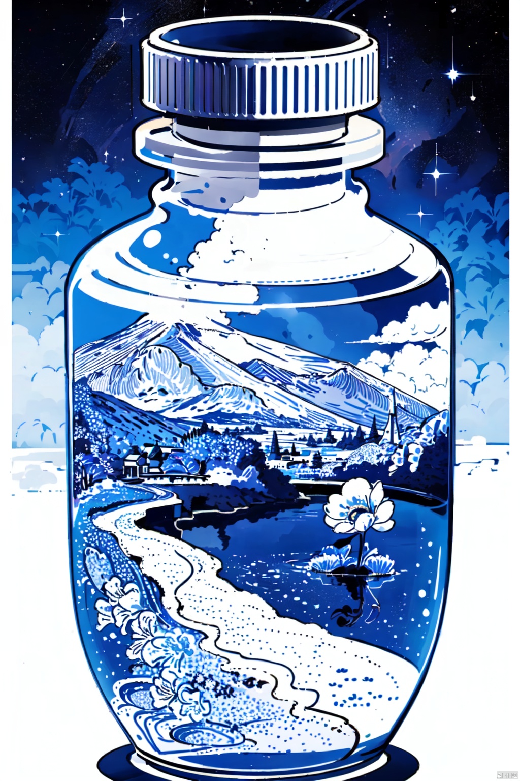 masterpiece, best quality, extremely detailed, anime, midnight, starry sky, clear weather, grasslands, (flower:1.4)(((blooming))), river, hill, ((light particles)), superb view, lora:more_details:0.5, World in a bottle, glowify